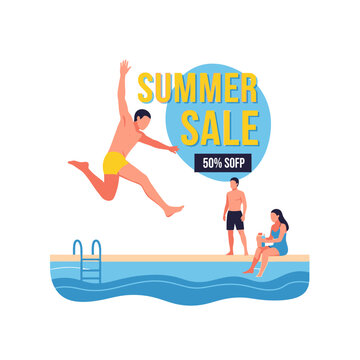 Vector illustration of an energetic person jumping into a clear blue swimming pool with water splashing in mid-air. Summer vacation recreation scene under bright sunlight.