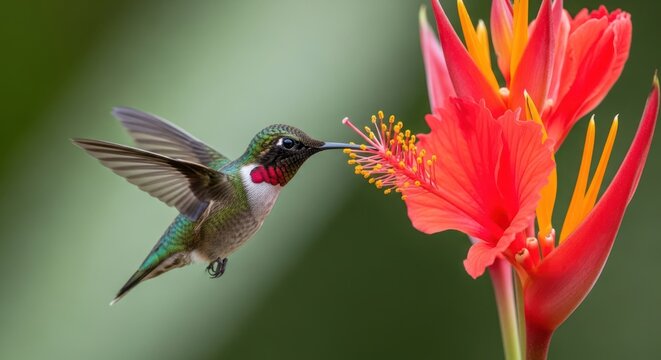 Hummingbird with red flower, flying in a natural setting
