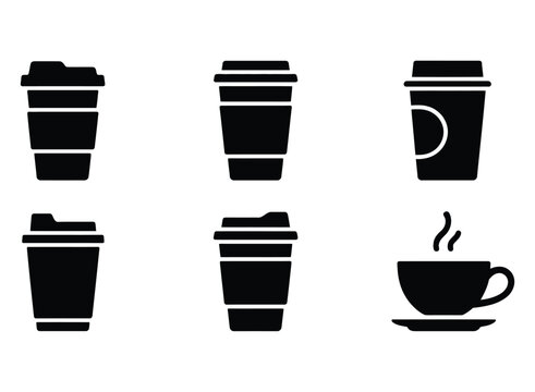 Collection of black silhouette icons representing various disposable coffee cups and a steaming coffee cup