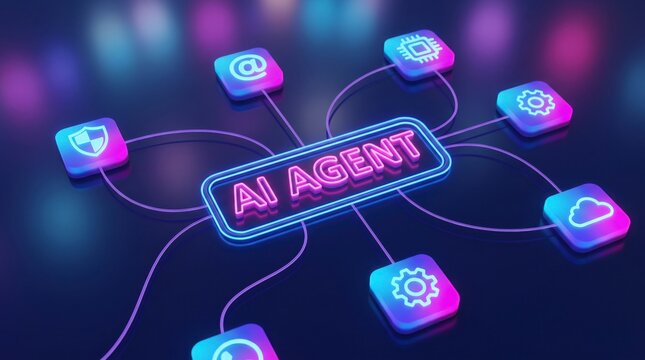 Artificial intelligence agent network concept diagram with neon glowing icons and interconnected digital data nodes with surrounded various interconnected representing modern technological