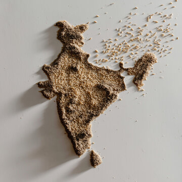 India map outlined with grains on white surface symbolizing food and freedom.
