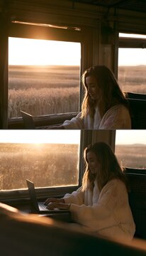 Golden hour glow illuminates a woman working peacefully within a vintage train carriage landscape