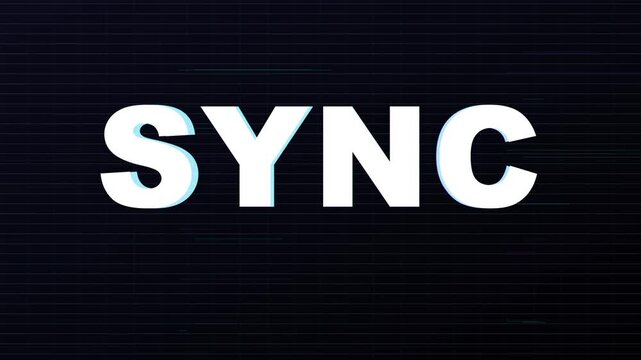 "SYNC" Word with Digital Glitch Effect and RGB Split on Dark Grid Pattern Background, Futuristic Technology and Cyberpunk Style Typography Concept