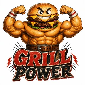 Muscular cartoon chef flexing with burger strength. Animated food character showcasing grilling power and culinary energy.
