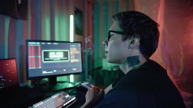 Young male hacker in a dark room smoking a cigarette while breaking a pin code on his computer