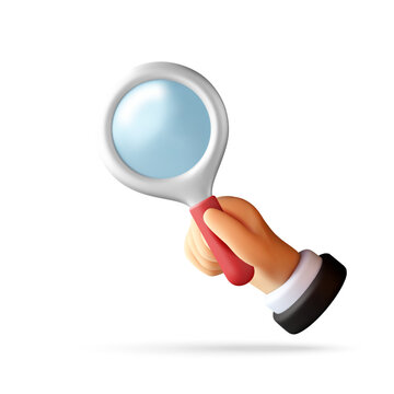 Businessman hand holding magnifying glass. 3d vector illustration representing search, analysis and examination. Business concept for finding information, research and discovery tool.