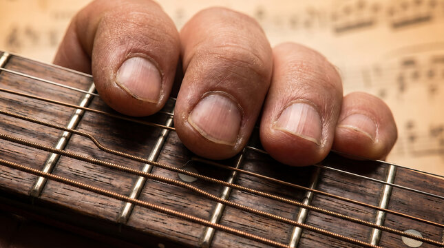 Fingers pressing guitar strings on wooden fretboard Generative AI