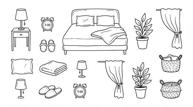 Hand Drawn Bedroom Furniture, Home Interior and Decor Elements Vector Set