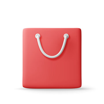 Red shopping bag isolated on white background. Minimalist 3D vector illustration of sale package for retail commerce. E-commerce icon representing purchase and consumer marketing theme.