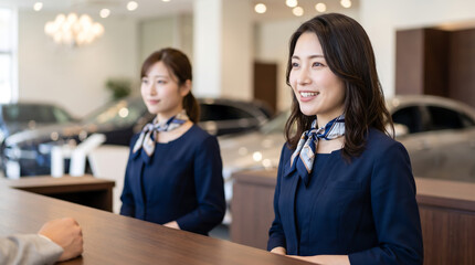 Obraz premium カーディーラーのショールームで笑顔で客に対応する女性スタッフ