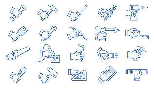 Blue hand holding tools line icon set. Vector outline construction and repair icons with wrench, hammer, screwdriver, drill, saw and level for DIY handyman design