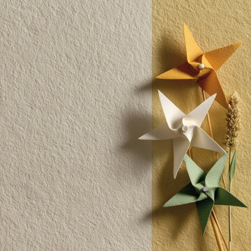  Diagonal tricolor pinwheel layout with soft texture and open branding space.
