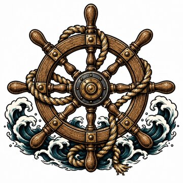 stationary nautical ship's wheel amidst ocean waves, front view, brown and blue tones, adventure theme, marine life, natural light, clean background, editorial use, commercial design, web.