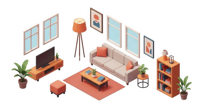 Isometric pixel art living room furniture collection isolated on transparent background
