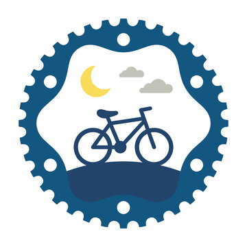 Bicycle Icon Inside a Gear Cog Shape with Moon and Clouds Night Theme for Cycle Branding Design