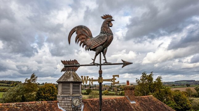 Rooster weather vane on rooftop against cloudy sky and countryside view  