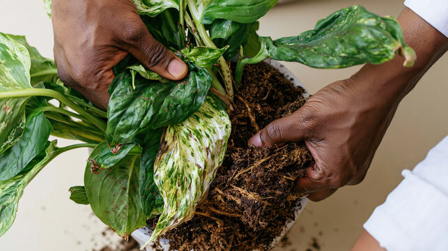 Houseplant repotting with hands and root ball, green variegated leaf plant care on table in home