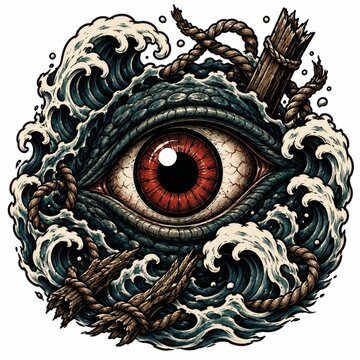 Giant red eye rising from stormy ocean waves with rope and wooden debris in dramatic textured illustration, with eye, red, iris, pupil detail, showing bloodshot, wave, ocean, foam context