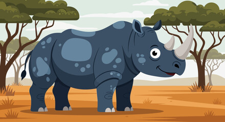 Cartoon rhinoceros vector illustration, cute blue rhino character in African savanna landscape, wild animal mascot standing in safari nature background © Art