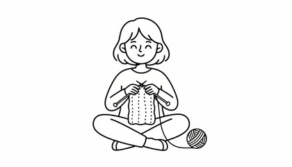 Minimalist line art girl knitting, cute character sitting cross-legged with yarn ball, hand drawn hobby illustration for coloring book or web design