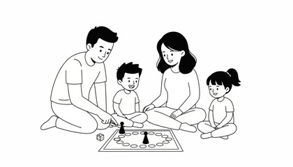Minimalist line art family playing board game, happy parents and children bonding over tabletop game, black and white vector illustration of family fun