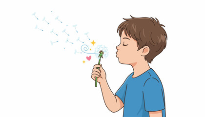 Anime style boy blowing dandelion seeds, young child making a wish with spring flower, cute cartoon kid profile with flying seeds and hearts