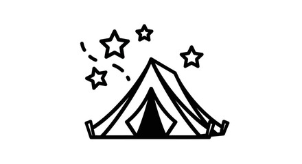 Minimalist camping tent icon with stars, black and white outdoor adventure vector illustration, simple night sky glamping symbol for travel branding © Art