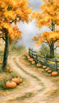 Autumn Pumpkin Patch Road Idyllic Rural Scene Watercolor Illustration Golden Hour Warm Earthy Tones Stock Photo