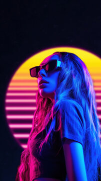Neon Retro Portrait of Woman with Sunglasses and Synthwave Sunset. AI generative.