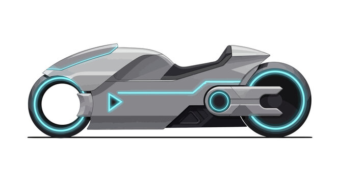 Futuristic cyberpunk motorcycle vector illustration, sleek silver sci-fi light cycle with neon blue glowing wheels, high-tech electric bike concept art