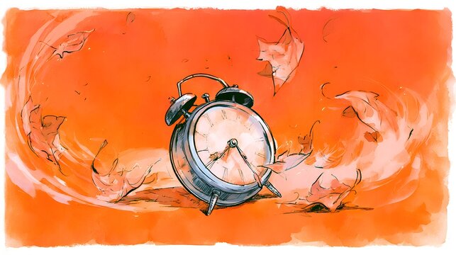 Autumn's Gentle Passage Vintage Alarm Clock Amidst Falling Leaves Warm Watercolor Illustration