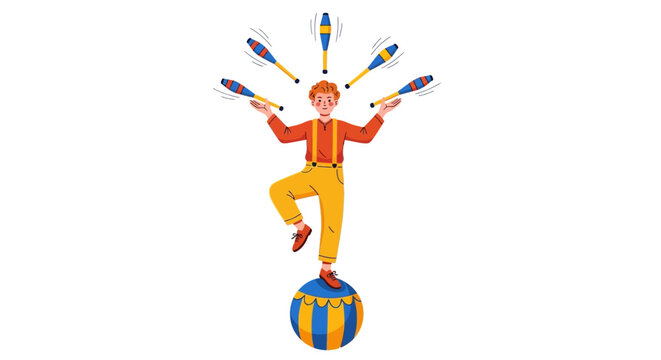 Circus performer juggling clubs while balancing on a ball, professional juggler entertainer in vintage costume, flat vector illustration on white