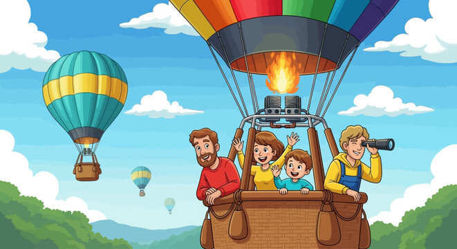 Colorful hot air balloon adventure with happy family, cartoon summer vacation illustration, people flying in sky over green hills landscape