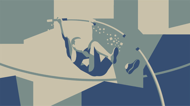 Vector illustration of professional athlete performing pole vault jump at peak suspension over crossbar, isolated on white background for sports branding and competition graphics.
