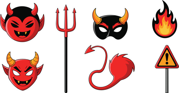 Devil Illustrations with Trident, Flames, Mask, Horns, and Warning Sign Featuring Illustration, Evil, Demon with Icon and Graphic