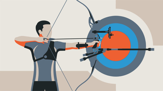 Detailed vector illustration of a professional recurve archery draw sequence, showcasing the technical form, string tension, and specialized equipment used in competitive sports.