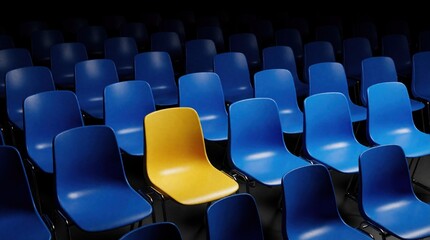 Naklejka premium Single yellow chair sits among rows of blue seats in dark auditorium. One bright stands out against group of chairs in dim room. Concept represents leadership innovation individuality decision making