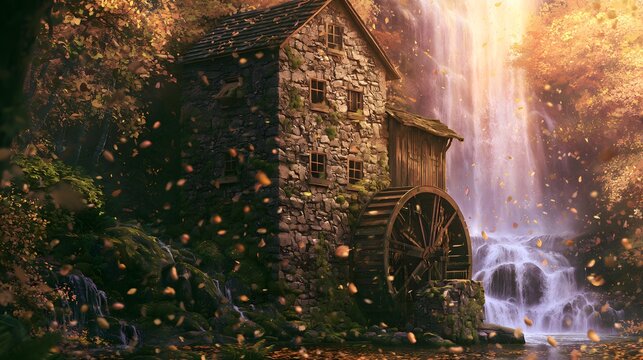 Autumnal stone mill watercolor illustration serene forest landscape warm golden light cinematic composition