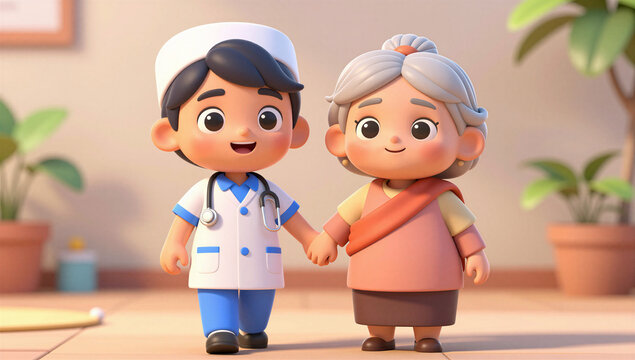 Cute Nurse Walking with Elderly Woman Providing Compassionate Home Healthcare