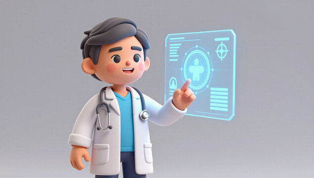 Cute 3d Doctor Using Digital Patient Interface 3D Healthcare Illustration
