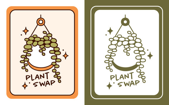 Plant swap exchange trading party gardening club community logo label sign poster print invitation card. Retro vintage houseplant green aesthetic house plants cuttings stand shop event illustration.