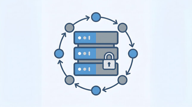 Secure server database icon with padlock and circular arrows for cloud backup and data protection.