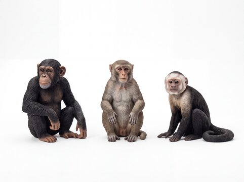 A collection of three different monkey figurines including a chimpanzee arranged on white background