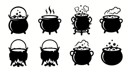 Set of black and white hand drawn witch cauldron icons for halloween and magic potion design elements © Ashok