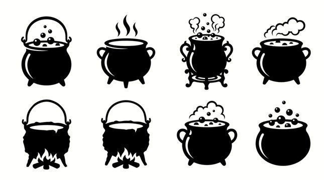 Set of black and white hand drawn witch cauldron icons for halloween and magic potion design elements