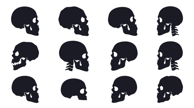 Set of human skull silhouettes in profile view isolated on a white background for design projects