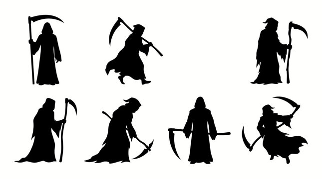 Set of grim reaper silhouettes in various poses with scythes isolated on a white background