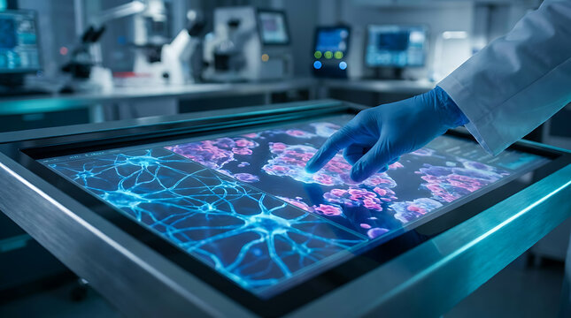 Scientist examining a holographic display of neural networks in a modern laboratory setting.