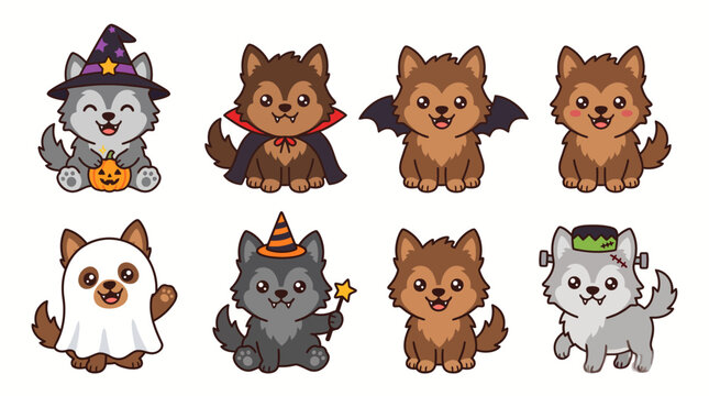 Set of cute cartoon wolf pups wearing various halloween costumes for festive holiday party sticker designs