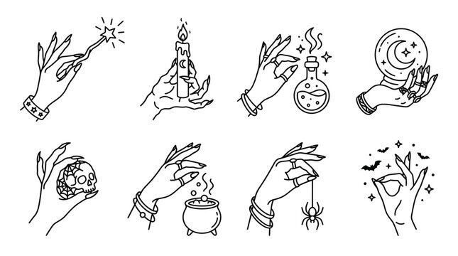 Set of hand drawn mystical hands holding magic items for witchcraft and occult esoteric design elements